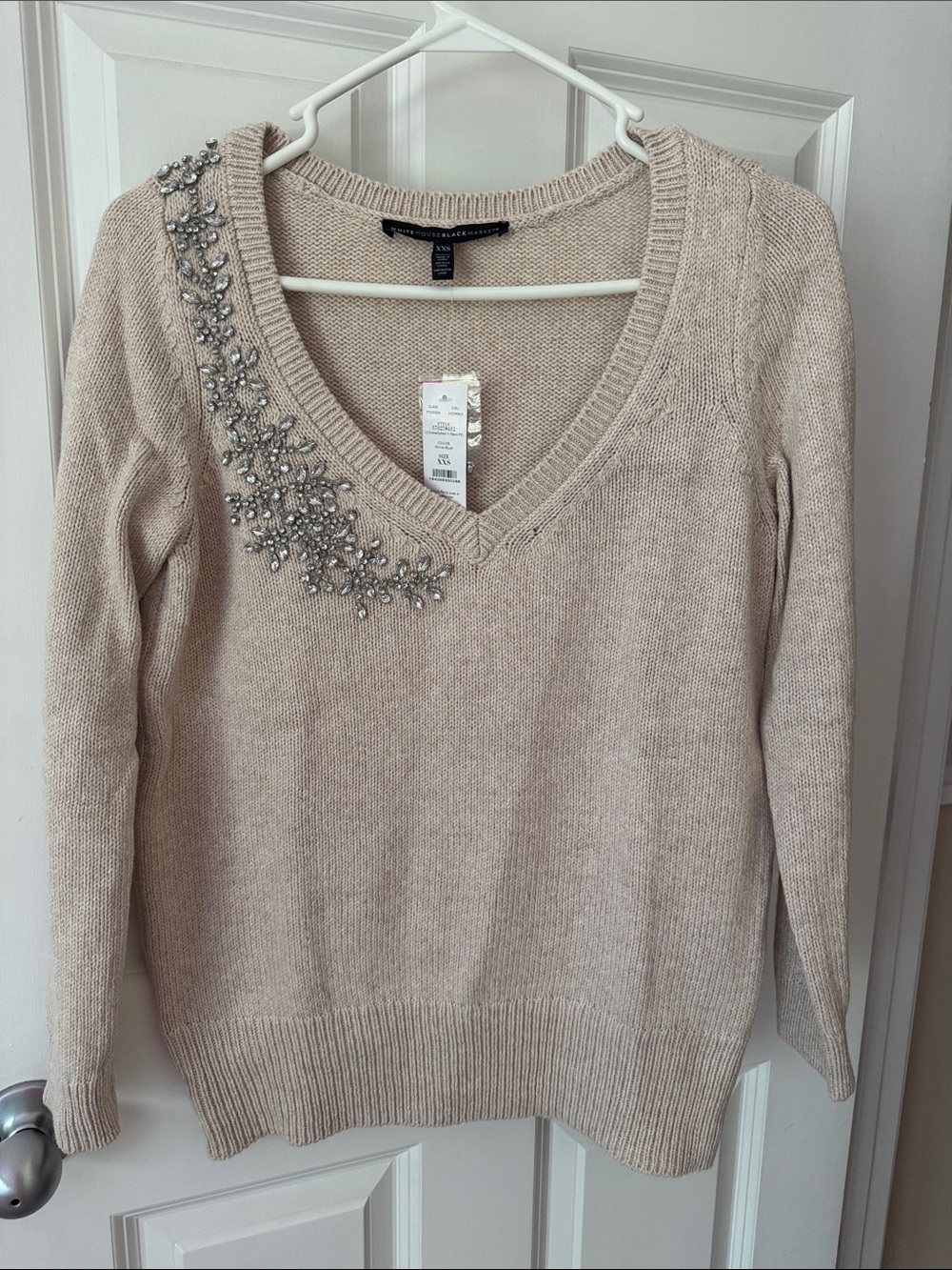 White House Black Market Cream V-Neck Sweater with Beaded Shoulder Accent